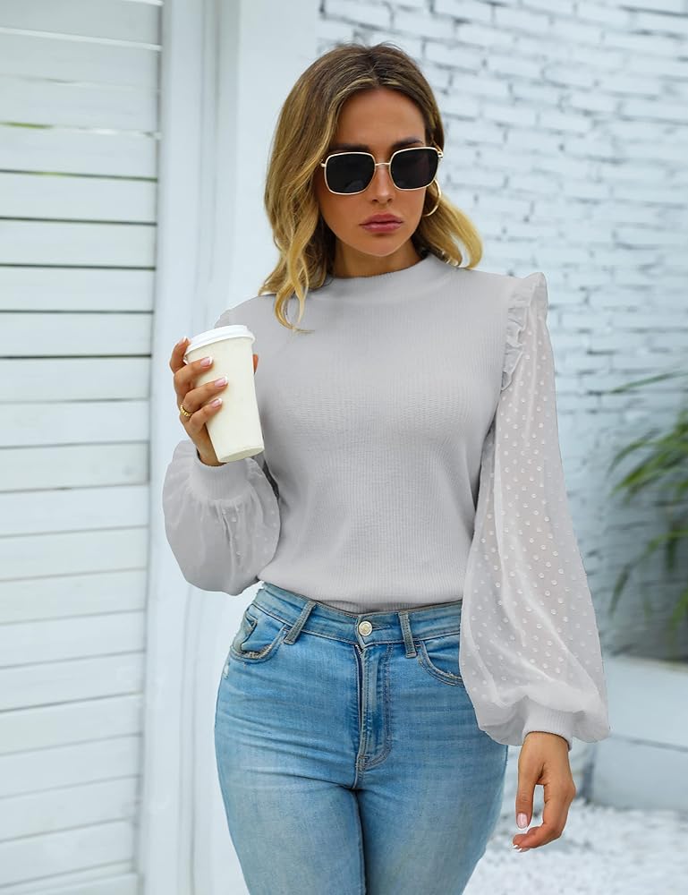Blooming Jelly Womens Dressy Tops Sheer Long Sleeve Mock
