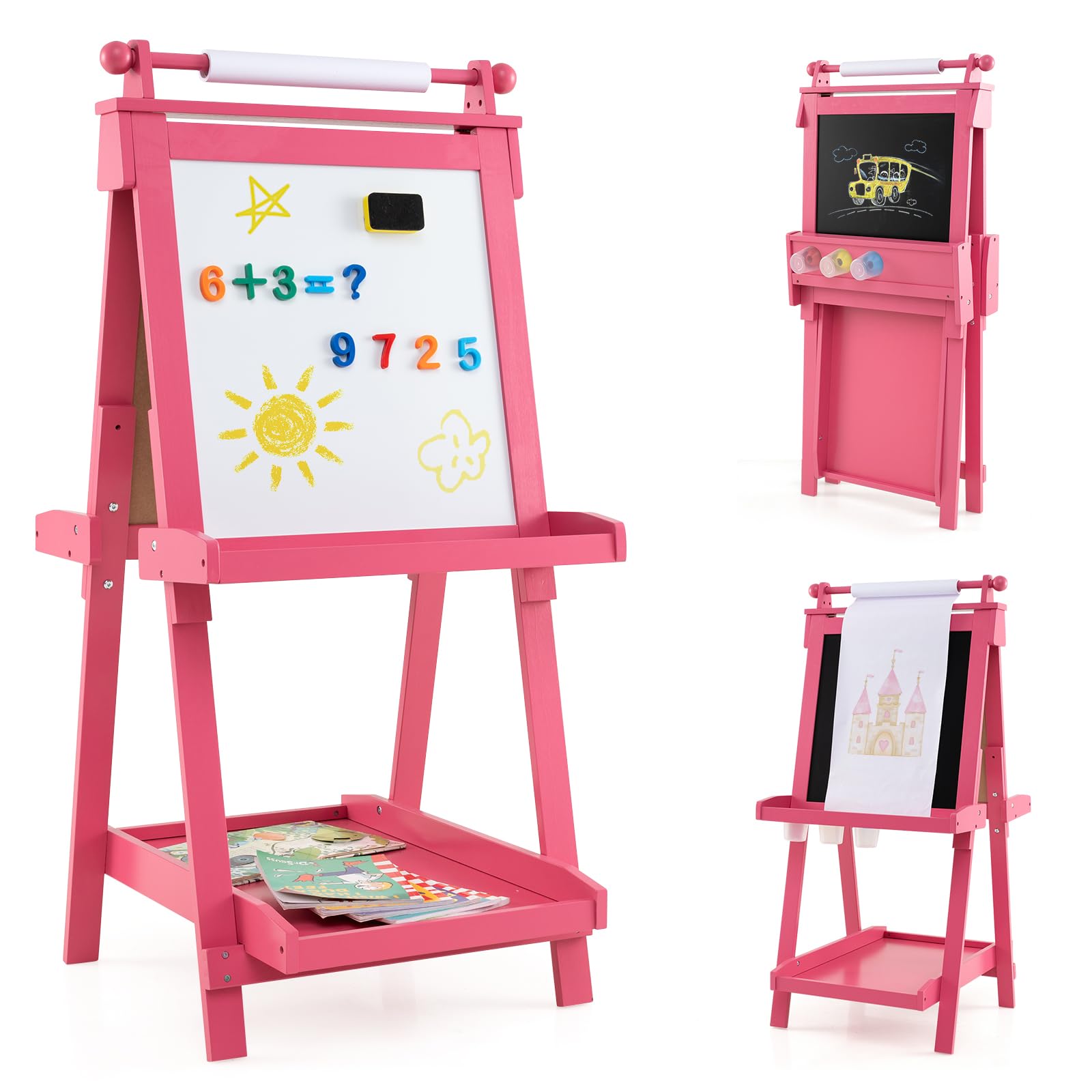 GYMAX Wooden Kids Easel, Height Adjustable Toddler Easel with Whiteboard, Chalkboard, Paper Roll, Storage Trays & 3 Paint Cups, Foldable Drawing Board Stand for 3 Years Old+ (Pink)