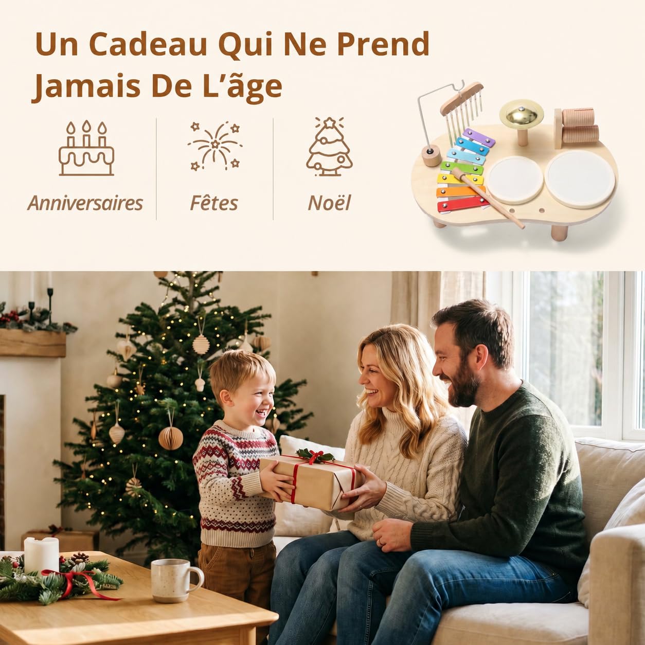 Instruments de Musique pour Enfants de 1 à 3 Ans, Batterie Montessori avec Tambour, Xylophone Et Percussions, Jouet Musical, Cadeau pour Filles Et Garçons
