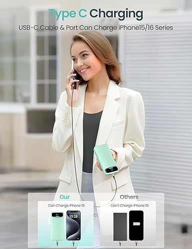 Miniatura 5 de Cargador portátil ligero de 12000 mAh con cables integrados y enchufe de pared de CA, batería de carga rápida PD20W USB-C, pantalla LED, cargador