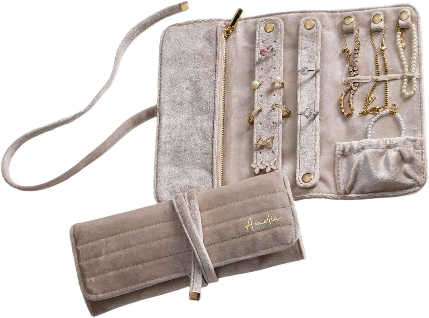 Mjaie Soft Flocking Jewelry Roll Pouches Foldable Designs for Necklace Earring Rings Storage and Travel Flocking Jewelry Case with