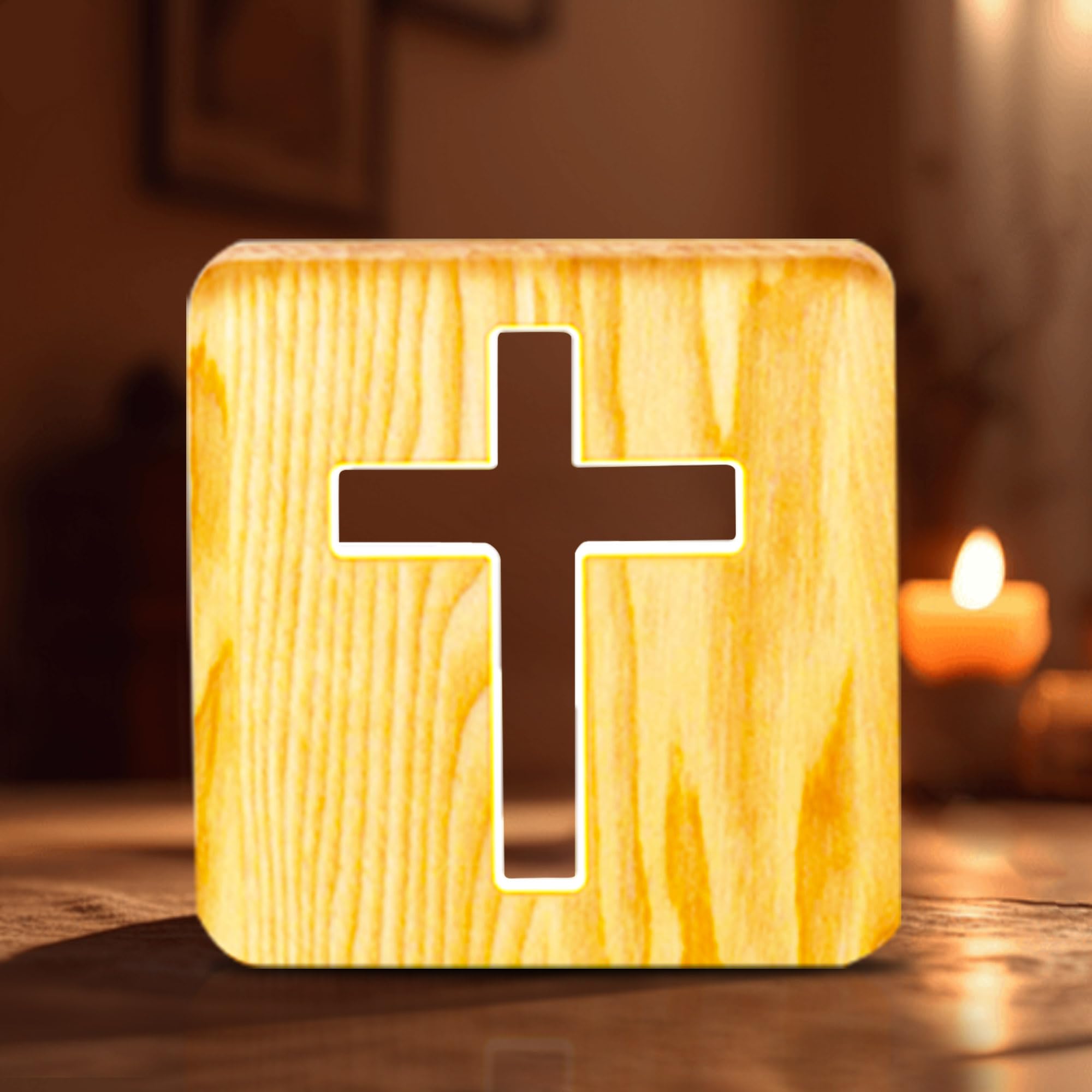 Jesus Cross Night Light, Creative Modelling 3D Wood Carving LED Night Light, USB Powered Warm White Light Table Lamp Bedroom Decoration Wooden Lamp Illuminated Gift Christian Religious
