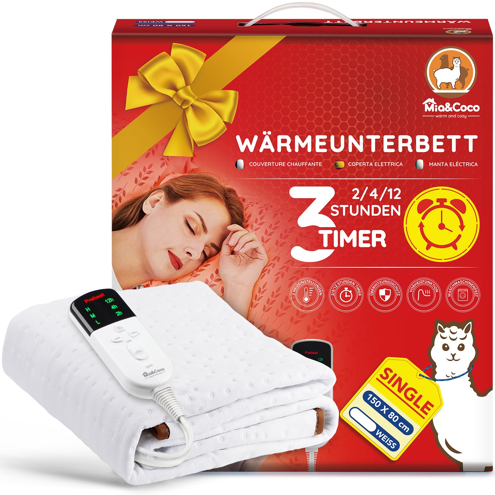 Mia&Coco Heizdecke mit Abschaltautomatik, Wärmeunterbett mit 12-Stunden-Timer und 3 Wärmestufen, LED-Anzeige, Überhitzungsschutz, Wärmedecke für Gängigen Matratzen,Maschinenwaschbar (150 x 80cm)