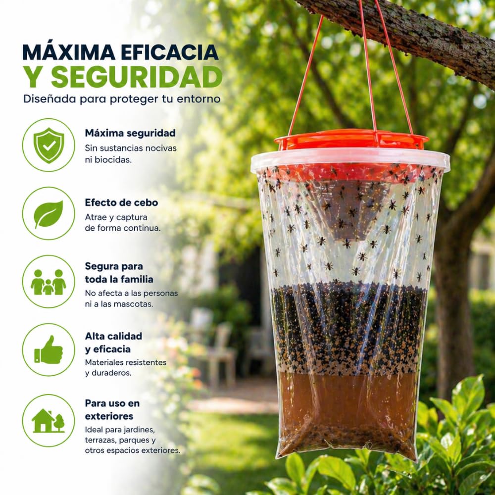 Trampa Múltiple Moscas Remi Hogar | Captura hasta 20.000 Moscas | para Uso en Exteriores | Sin biocidas eficacia | Fácil instalación | Efecto de Cebo | Red Top 6 Unidades