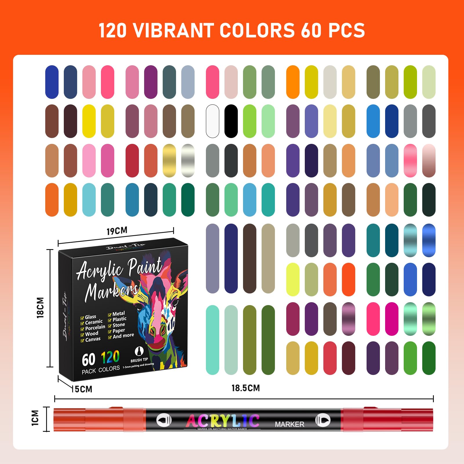 120 colori, 60 pezzi, pennarello acrilico, pennarello acrilico