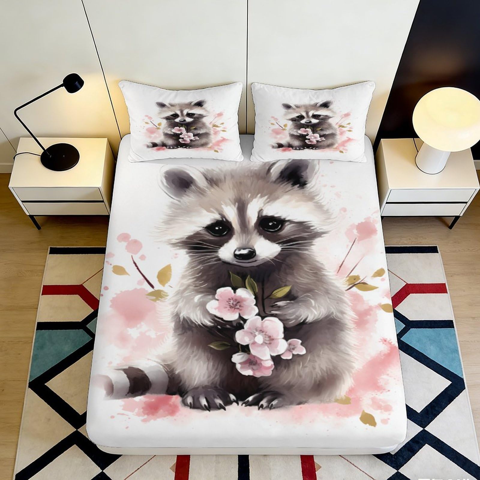 Uynsixtme Style-6 3D Printed Raccoon Fitted Sheet Microfiber Deep Pocket Bedroom Bedding Elastic Hem Raccoon Mattress Fitted Cover 140X200x25cm