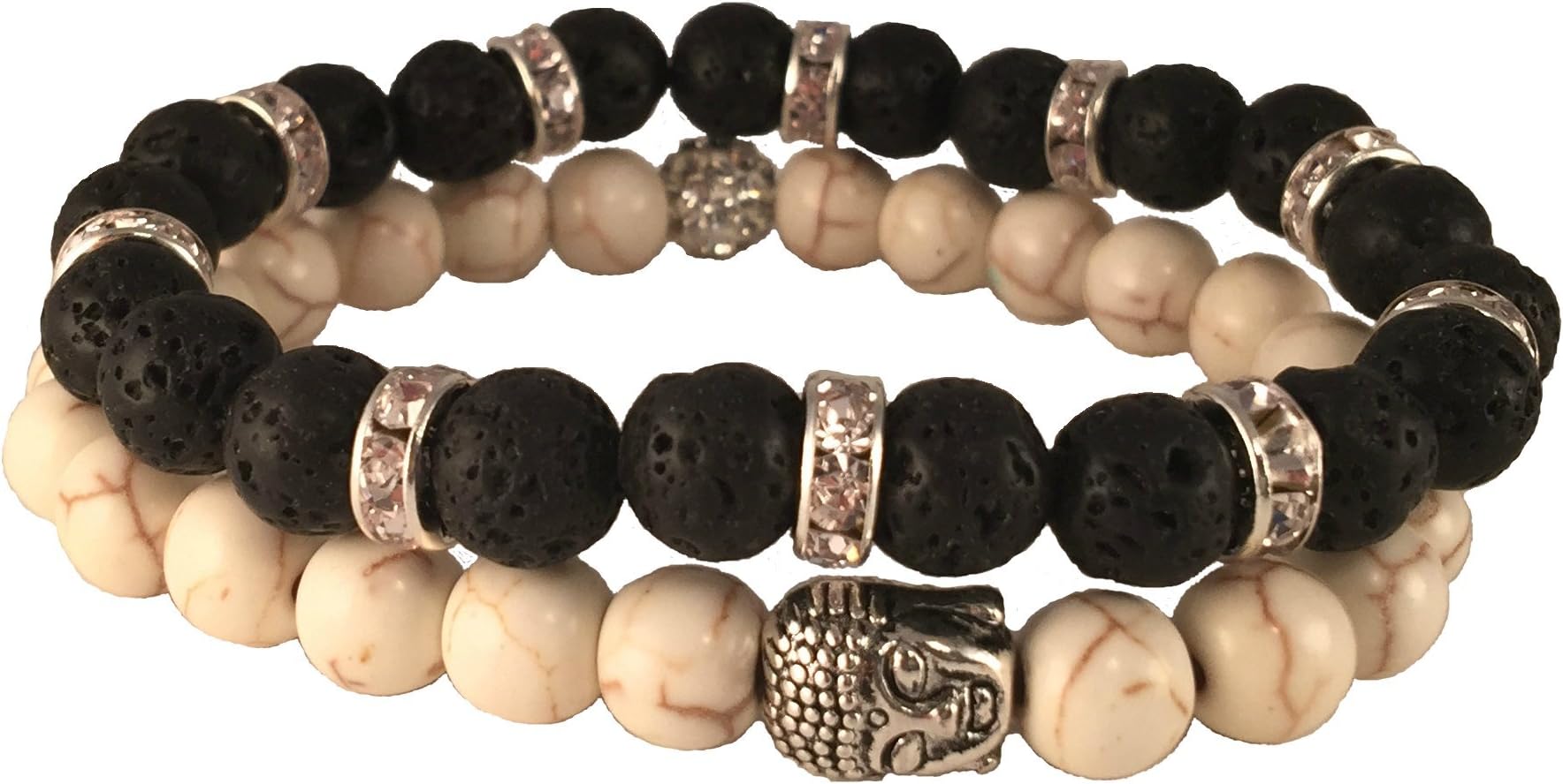 Bspry Women, Mens Buddha White Turquoise and Lava Stone Bracelets for Mens or Womens -Set of 2