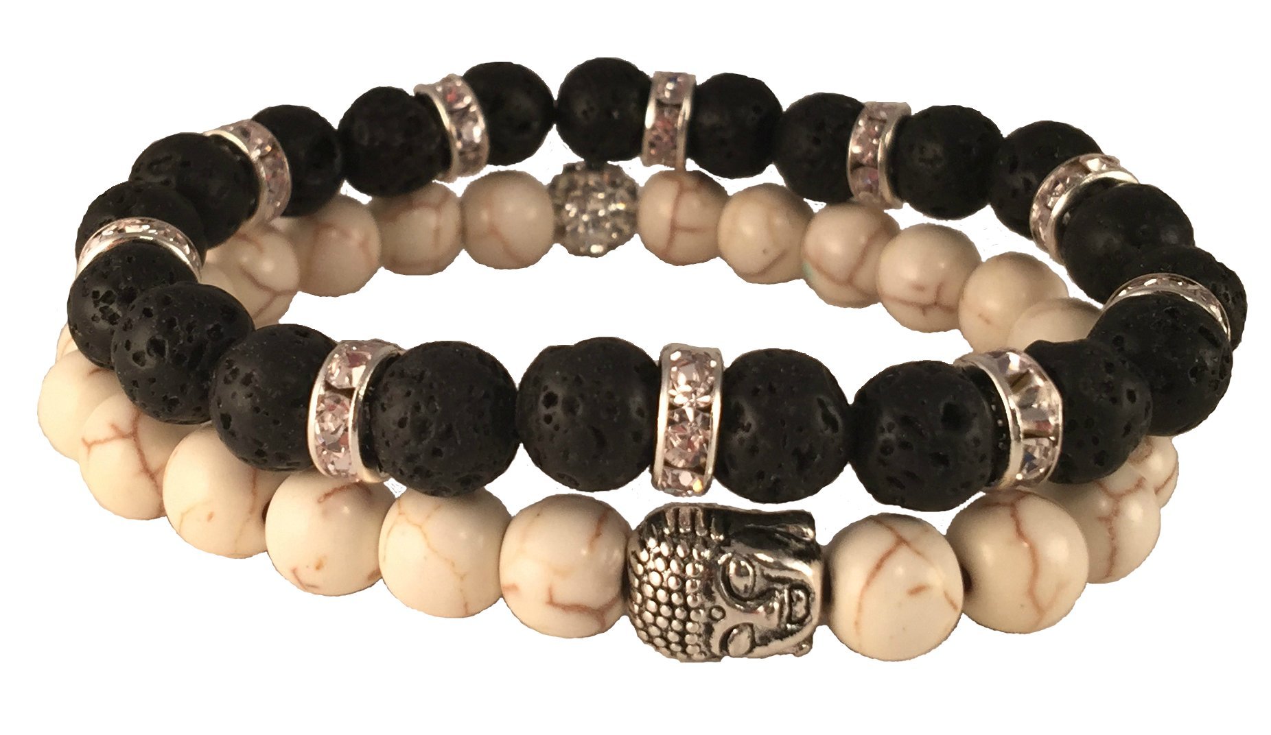 Bspry Women, Mens Buddha White Turquoise and Lava Stone Bracelets for Mens or Womens -Set of 2