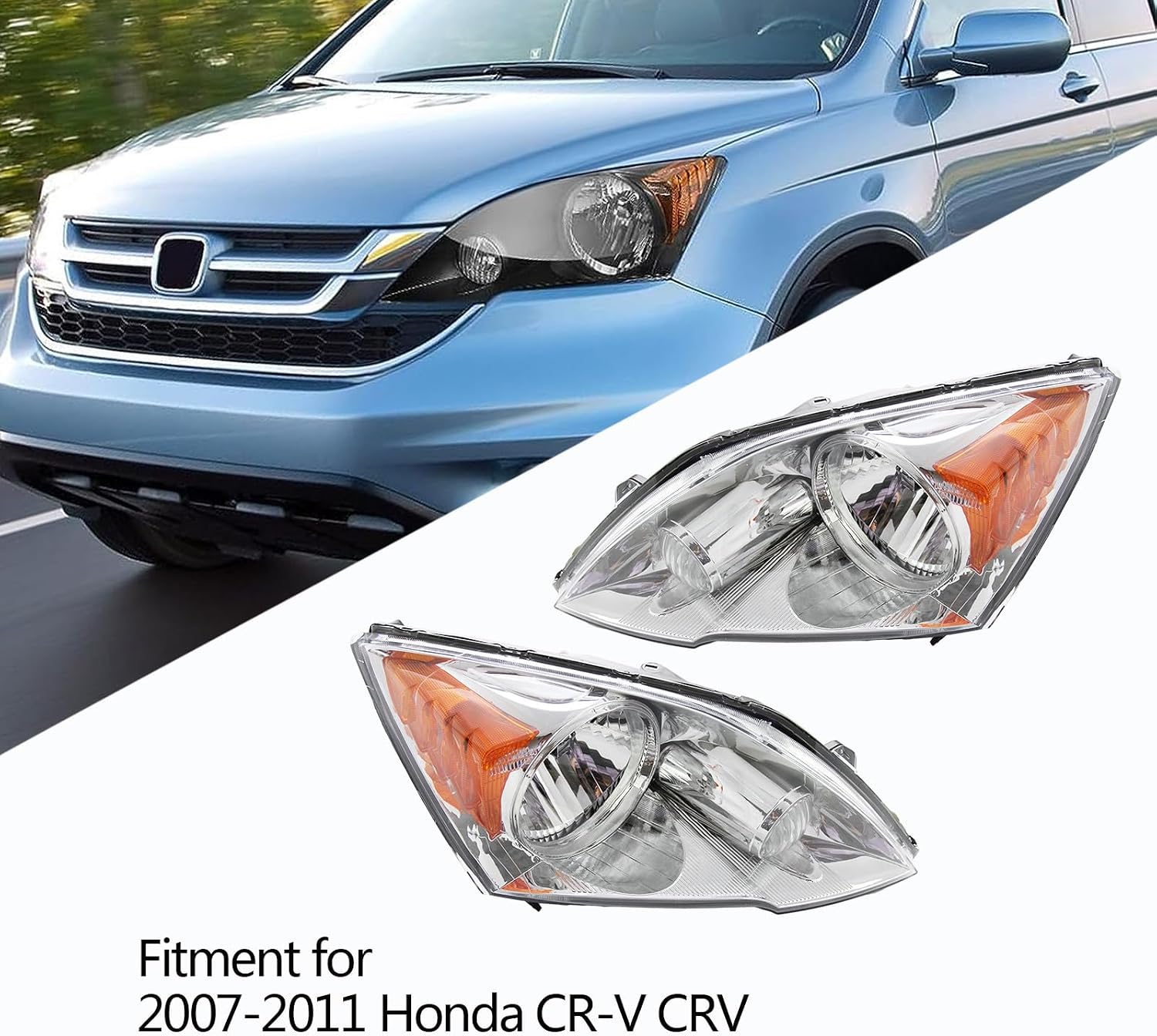 Halogen Headlight Headlamps Chrome Housing w/o Bulbs For 2007-2011 Honda CR-V CRV Pair