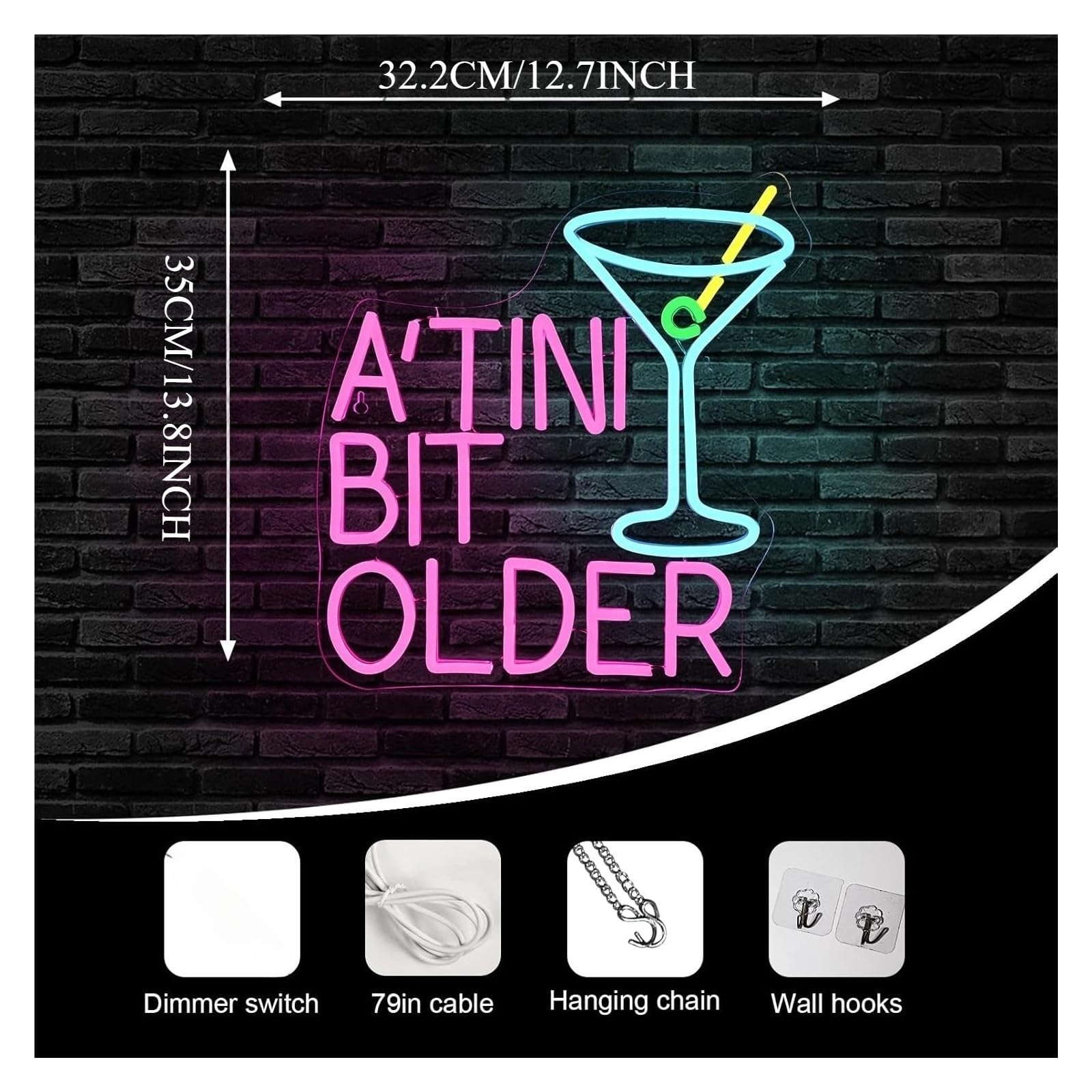 Wiszące neony artystyczne Neon"A'TINI BIT OLDER"USB Koktajl LED Light Do Pubu Martini Bar Bistro Dekoracja Pokoju Gier 35X32.2cm