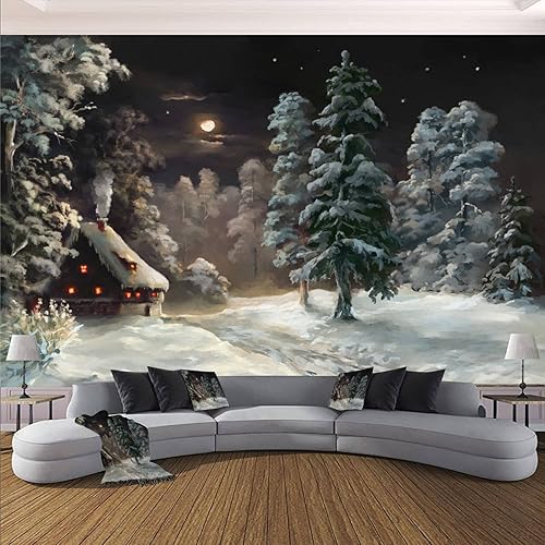 VGHUYEVOGERE Murales de pared modernos 3D de pueblo nocturno de Navidad, papel tapiz autoadhesivo extraíble de PVC para decoración de pared de sala