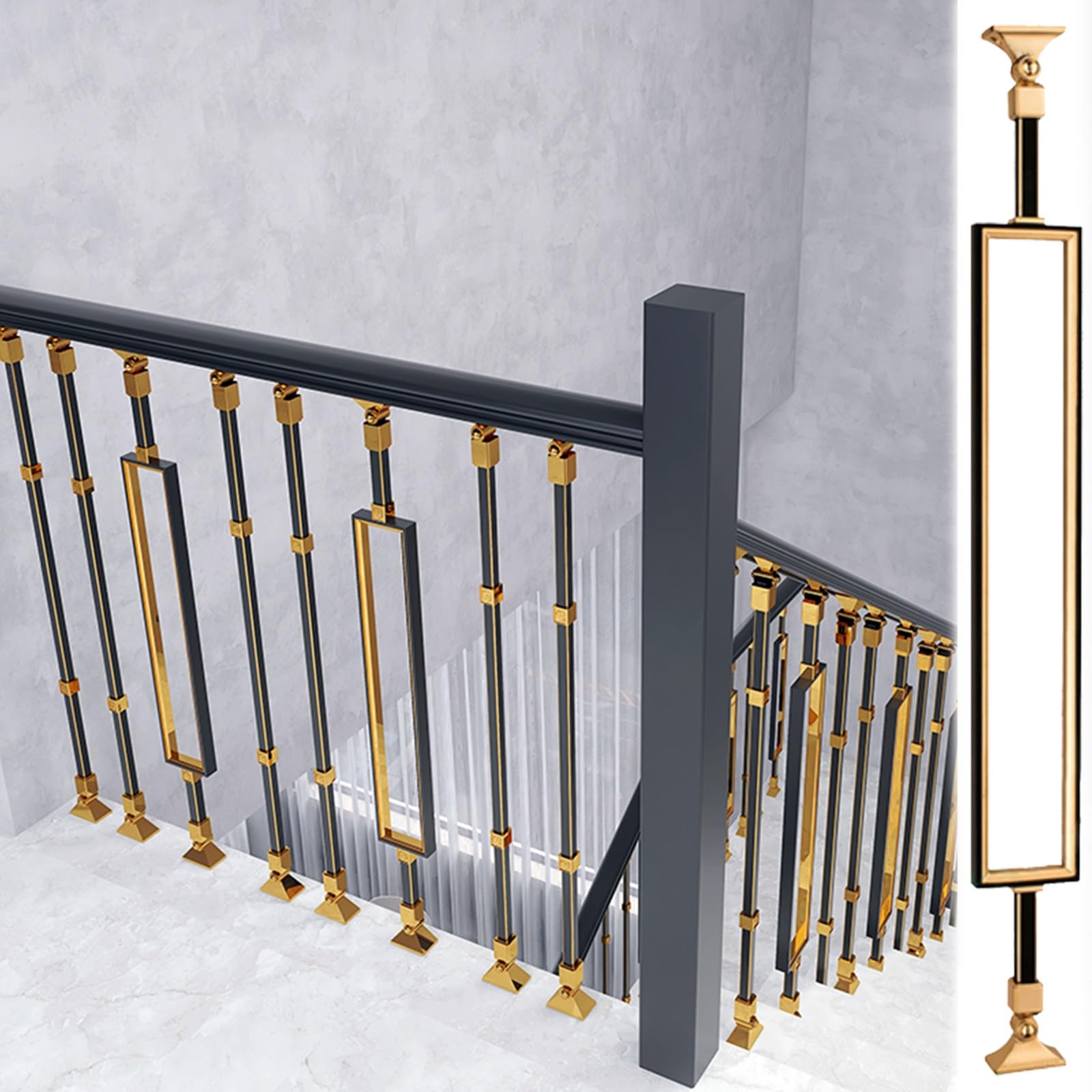 Clôture carrée noire pour escalier intérieur et poteaux de base de garde-corps