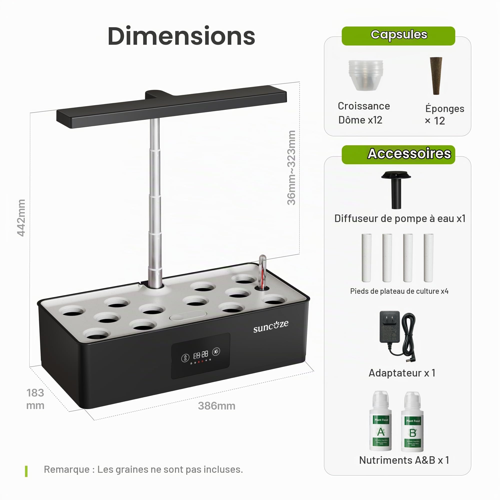 SUNCOZE Potager Hydroponique avec 12 Paniers Smart, Noir | Jardin d'Intérieur 4L avec Lampe LED 24W, Kit Hydroponique avec Minuterie et Réglage de l'Heure, pour Maison et Cuisine