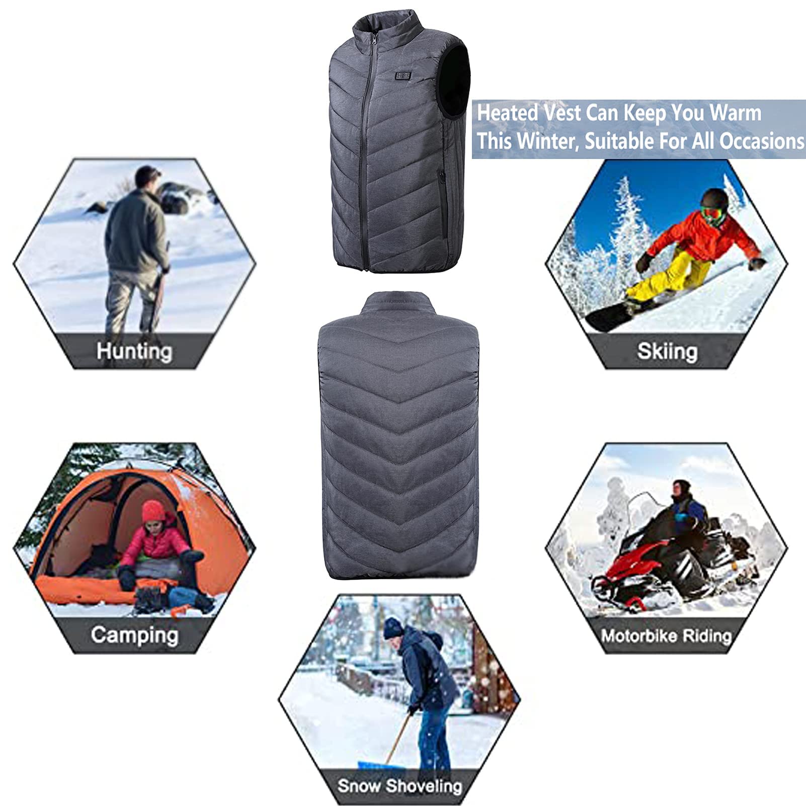 Chaleco calefactable con Carga USB, Chaqueta eléctrica Ligera, Calentador Corporal, 7 Zonas de Calentamiento para Actividades al Aire Libre (no Incluye batería Externa) (Gris S)
