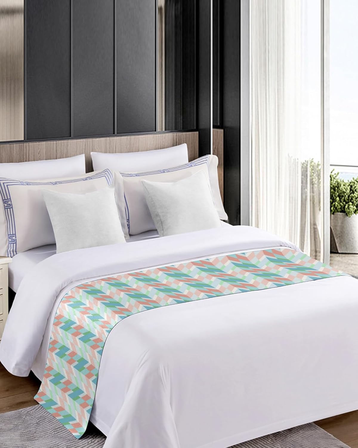 Bed Runner Scarf, Abstract Geometric Blue Pink Green White Herringbone Pattern King Bed Bedding Scarves Cover Decorative Bed Scarf for Home Hotel Guesthouse Bedroom Wedding Room Guestrooms 94"x20"