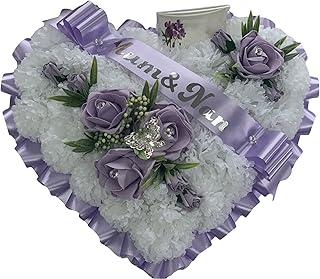 Funeral Flowers Wreath large Heart Memorial Tribute Artificial Silk butterfly tribute mum, dad, gran, nan (LILAC)
