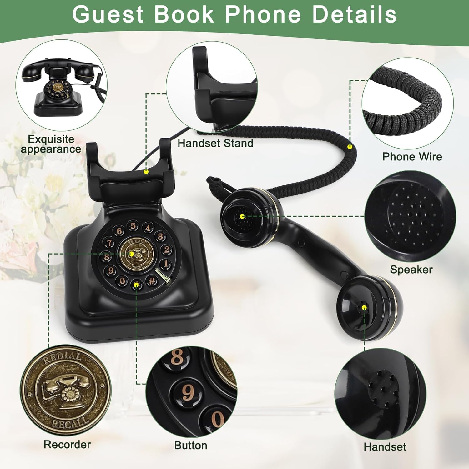 RDYMONKEY Libro degli ospiti audio per matrimonio, telefono retrò per messaggi vocali personali, libro degli ospiti, alternativa per matrimoni, feste e compleanni, memoria da 8 GB (nero)