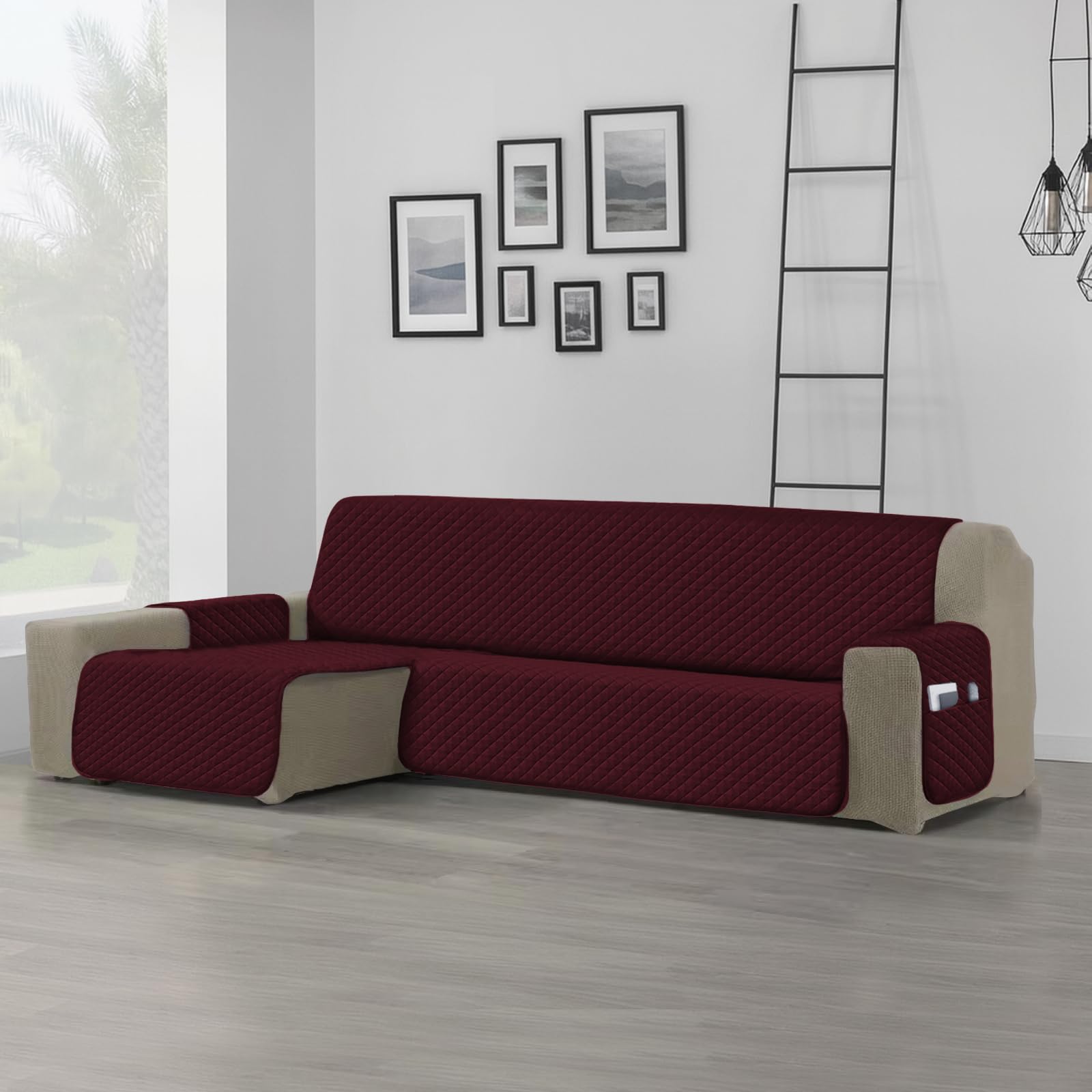 DALINA Funda de Sofá Chaise Longue Izquierda(2.4m de Ancho Total) Impermeable y Antideslizante, Cubre Sofá Ajustable con Bolsillos, Apto para Mascotas, Resistente al Desgaste, Lavable - Burdeo