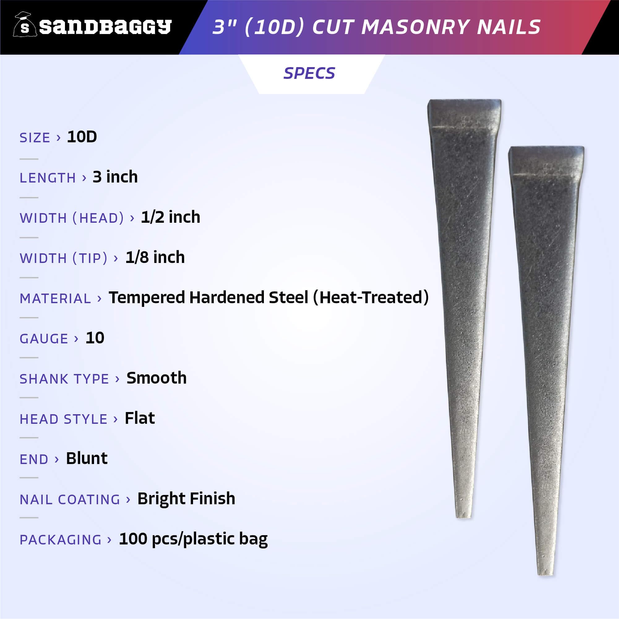 Sandbaggy 3 inch (10D) Square Cut Masonry Nails for Concrete, Brick, Mortar - 1/2