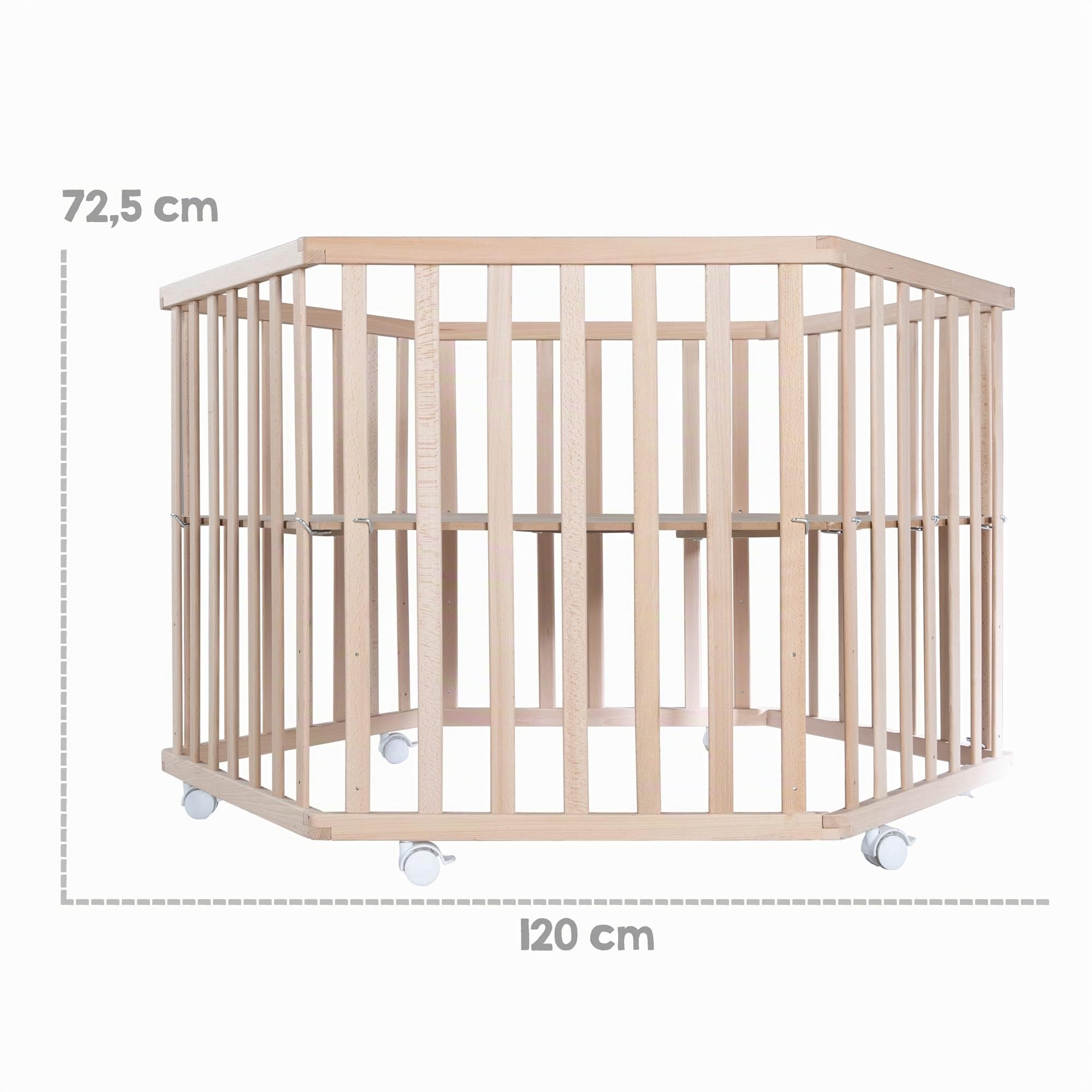 roba Parc Bébé Hexagonal en Bois Massif Bio Cosplay + Tapis de Parc roba Style Gris - Hauteur Ajustable sur 3 Niveaux - Roulettes avec Freins - Finition Naturelle