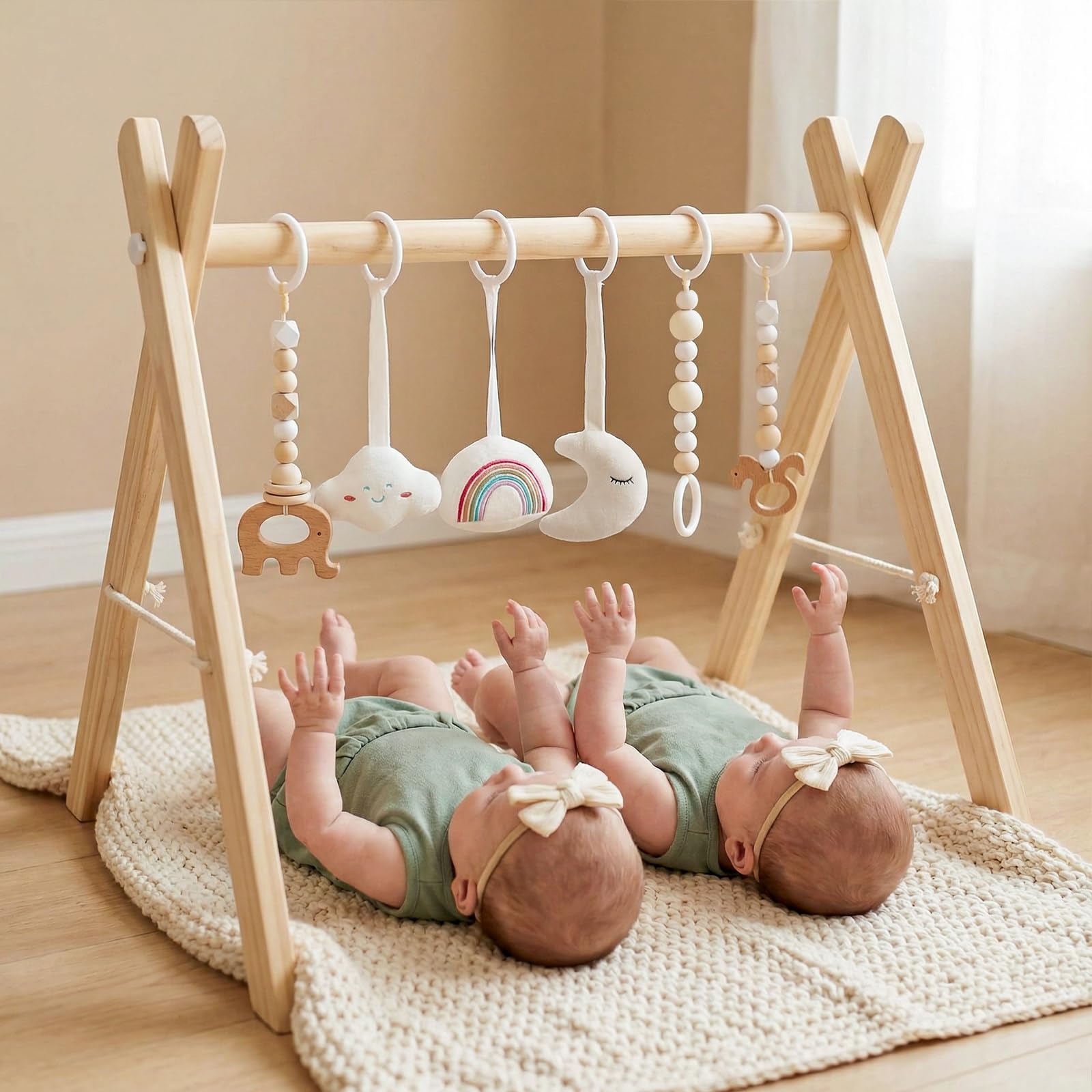 Mallify Spielbogen Baby Holz, Klappbar Spieltrapez mit 6 abnehmbaren Spielzeugen, Baby Gym Holz für Neugeborene