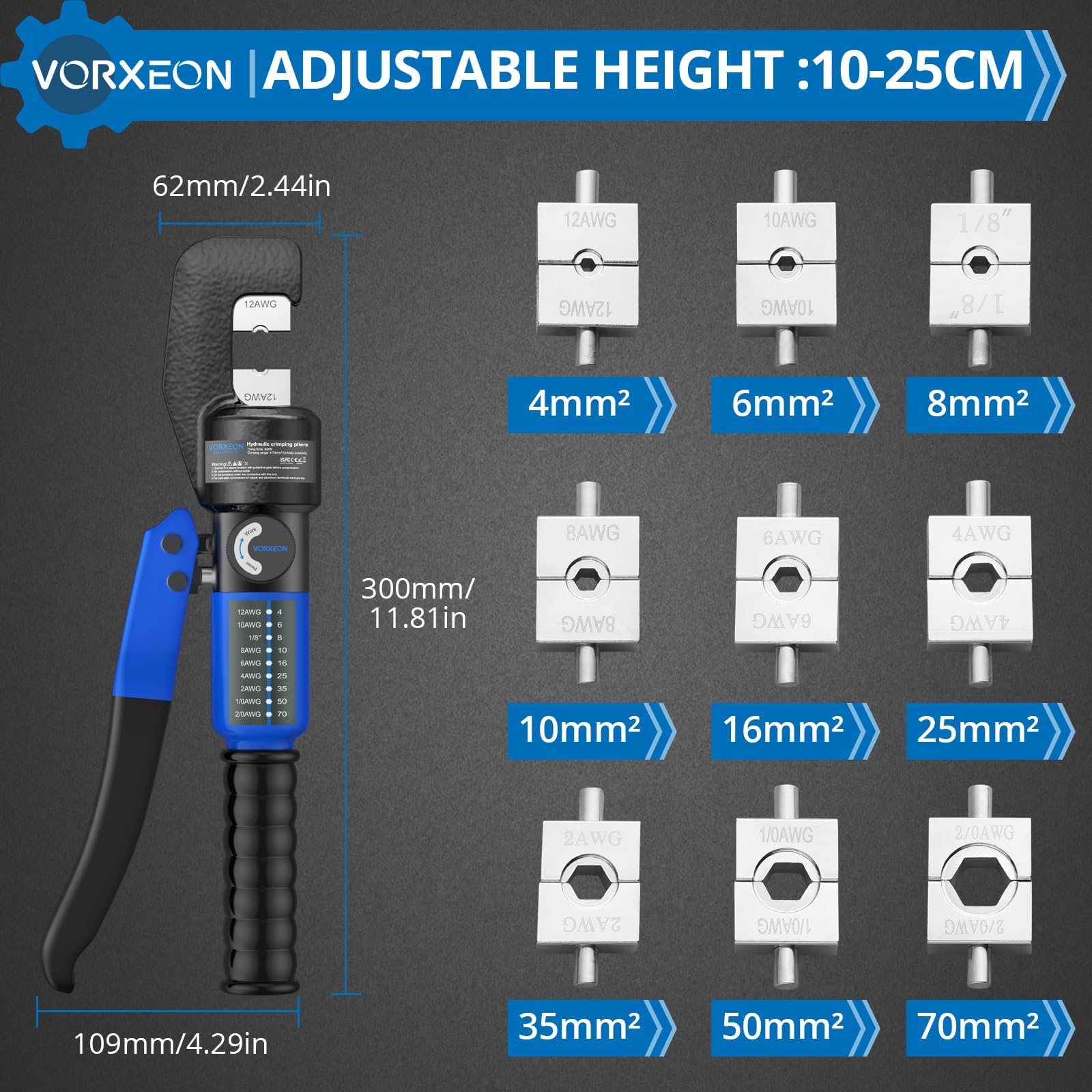 VORXEON 8 Ton Hydraulic Crimping Tool Set including 9 Dies 4-70mm²(12AWG-2/0AWG) 10in Cable Cutter - Image 2