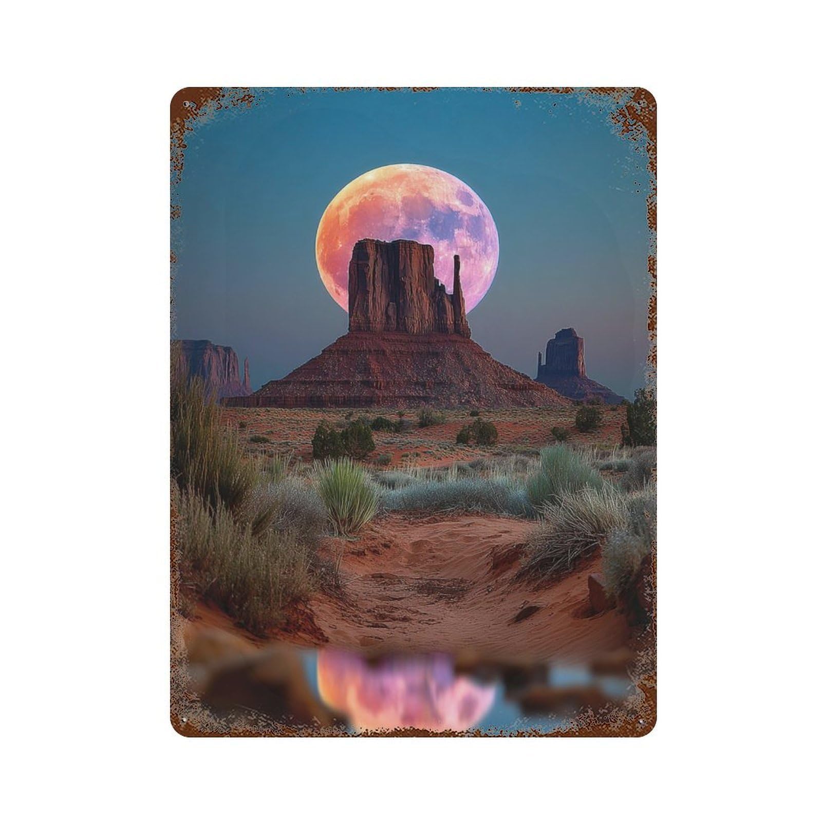 Full Moon Over Monument Valley Vintage Wall Sign 15.7"x11.8", Rust Effect Metal Decor for Cafe, Home Bar And Lounge Decor