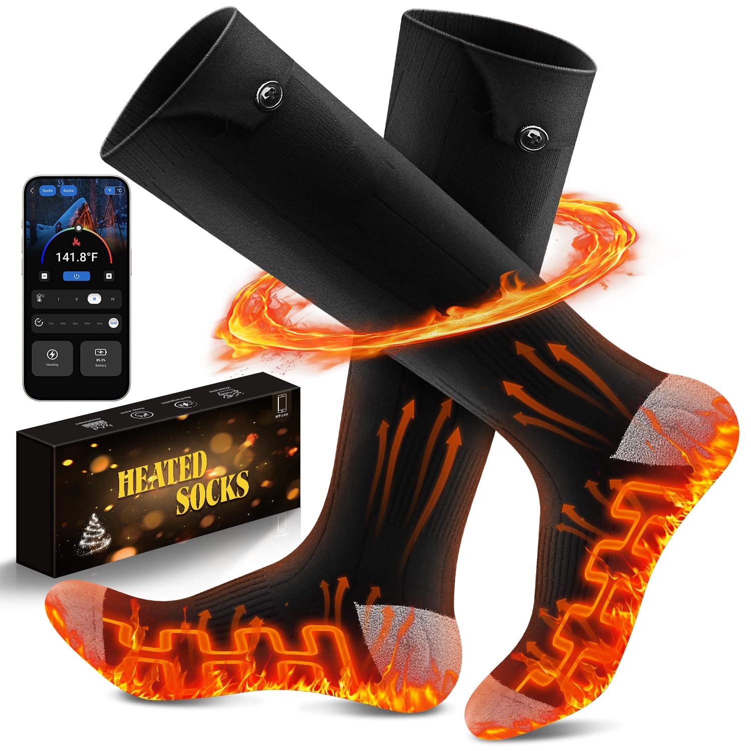 Heated Socks APP Control for Men Women, 6000mAh*2 Battery Heated Socks, Electric Heated Socks Up to 10 Hours Smart Foot Warmers Washable for Camping Fishing Cycling Skiing Skating Hiking Camping