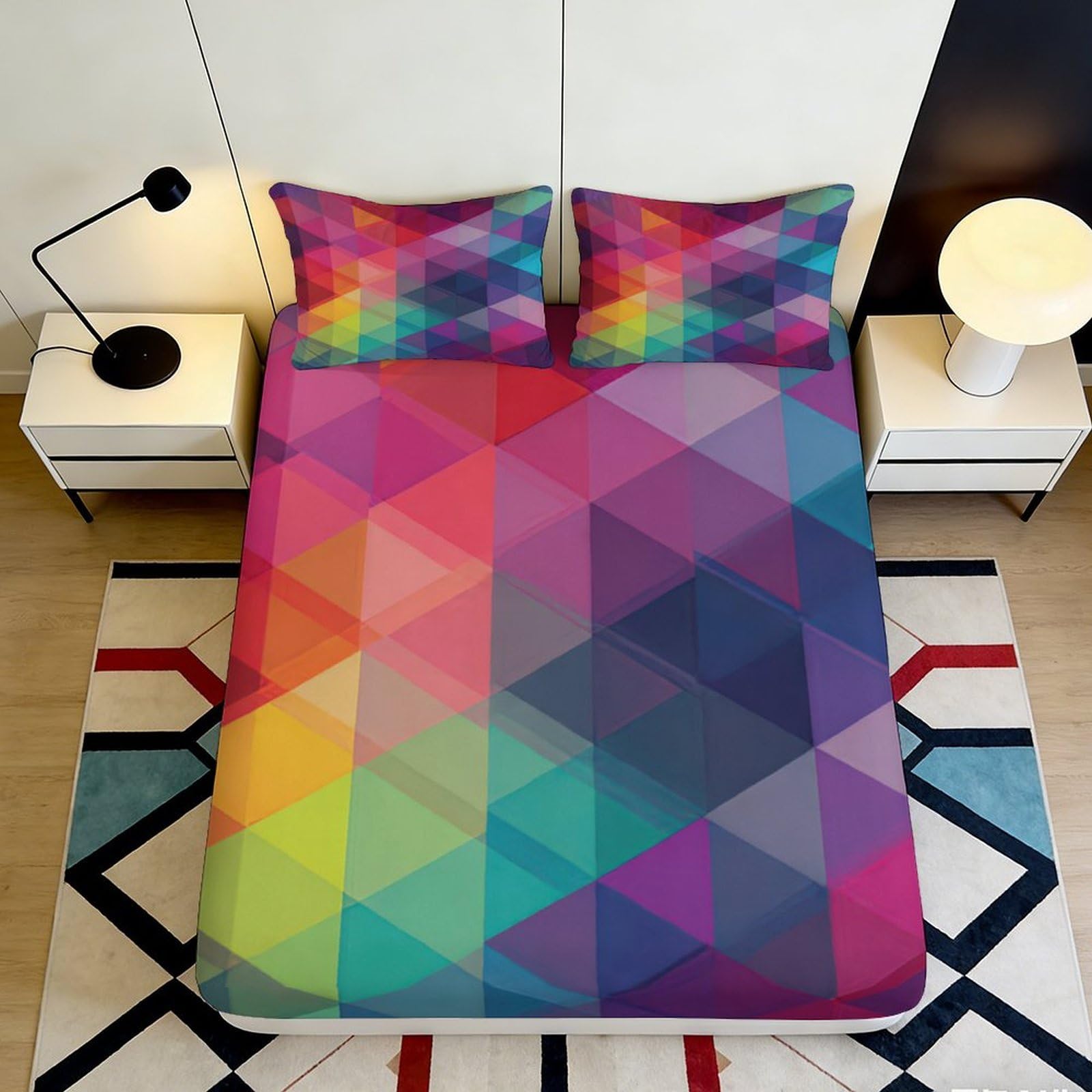 3D Printed Geometric Rainbow Fitted Sheet Microfiber Soft Multicolor Polygon Bed Cover for Bedroom Dorm Mattress Protection Decor 90x200x25cm