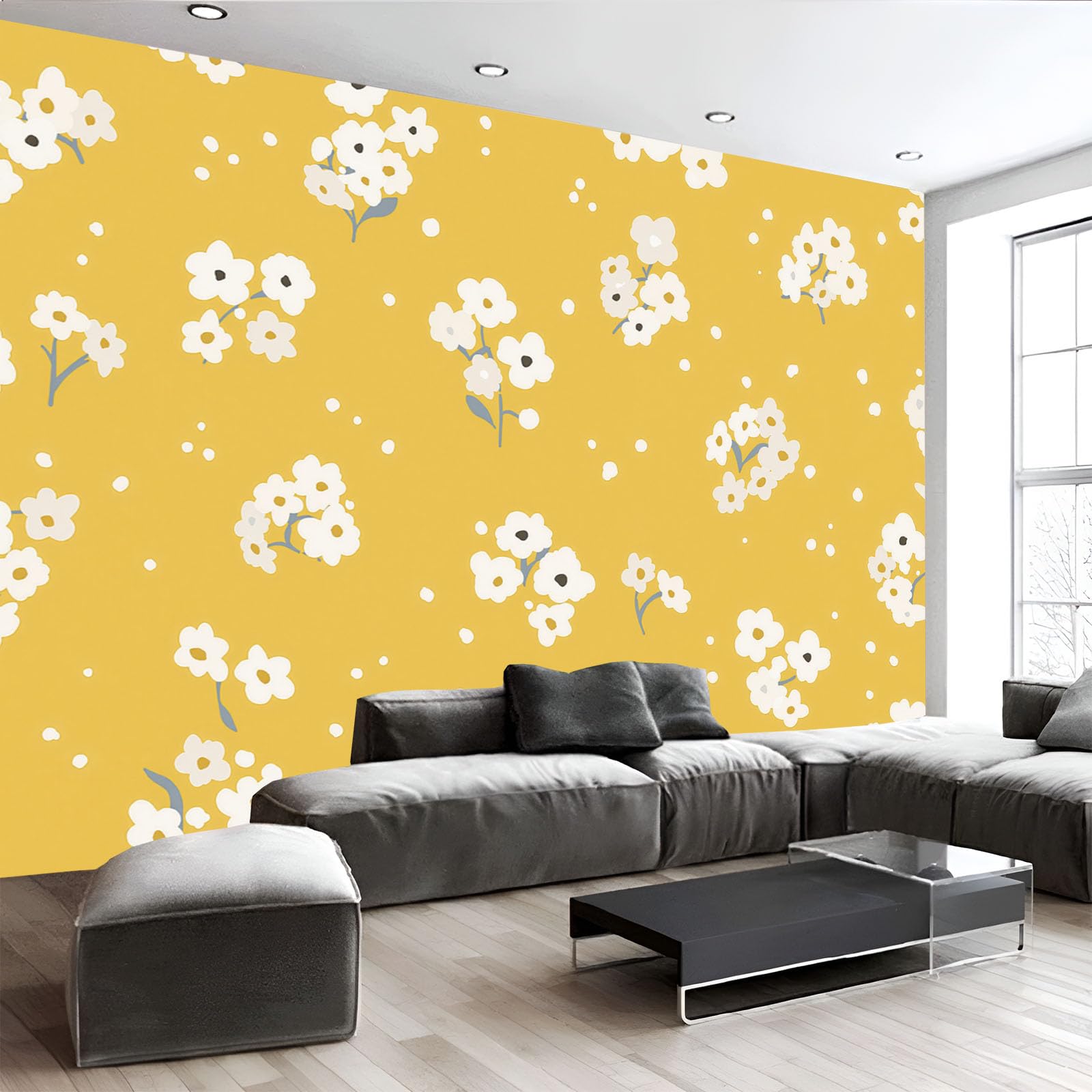 Papier peint panoramique jolis pois fleuri pour camoufler les imperfections d'un grand mur