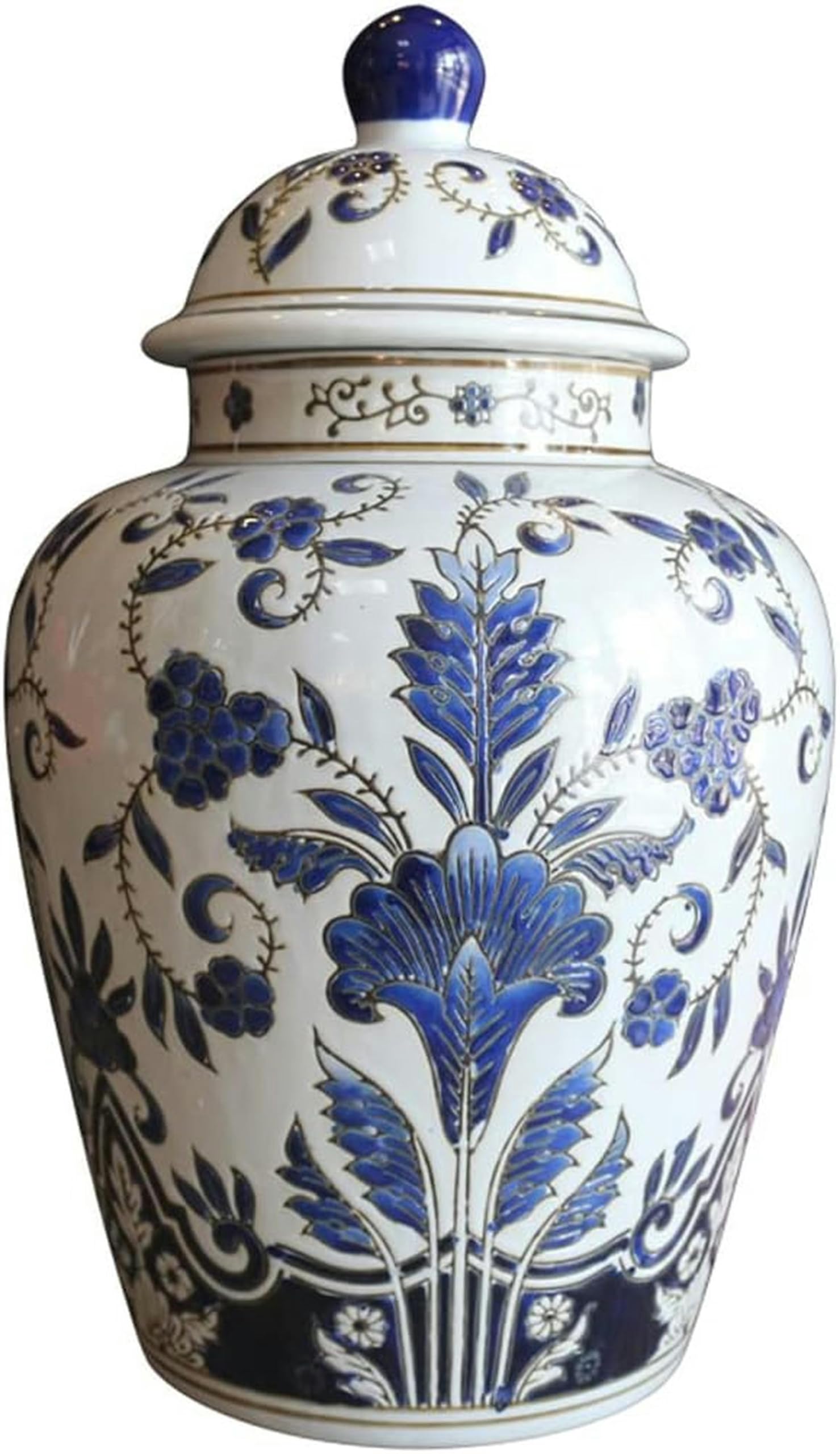 Pot de gingembre bleu et blanc pour sublimer une étagère de salon