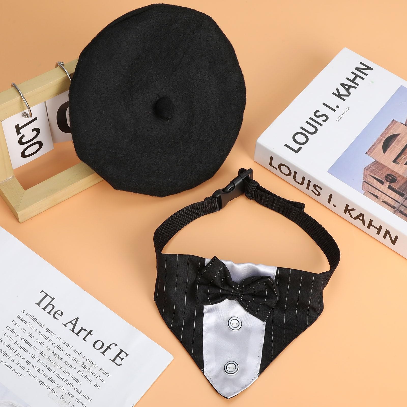 2 Stück Schwarz Hundekleidung Set mit Beret Hundemütze und Verstellbarer Hundefliege formelles Haustieraccessoire Hundoutfit für Hochzeit Party Geburtstag Alltag Haustierkleid