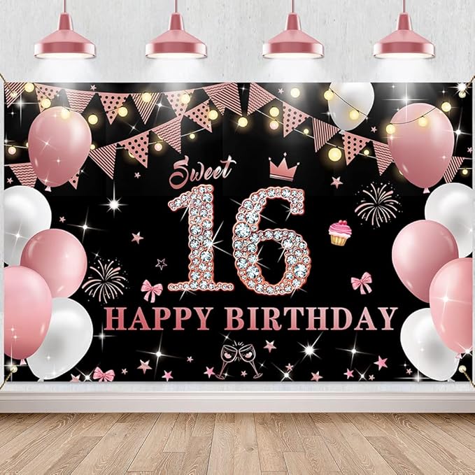 Rose Gold Sweet 16 Backdrop - 7x5 Ft Photography Background For 16th Birthday Party Decorations