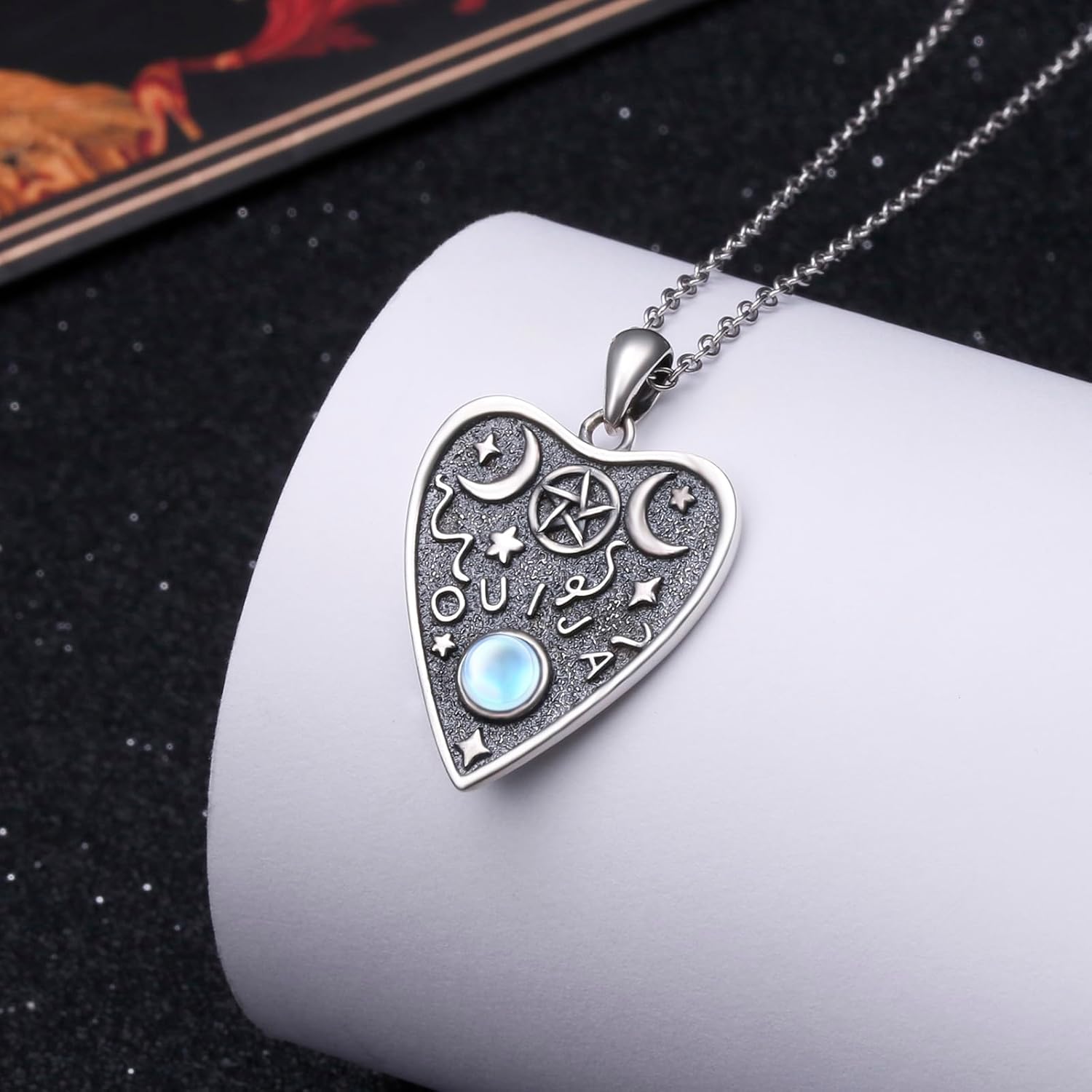 Ladytree Halloween Ouija Necklace 925 Sterling Silver Moonstone Ouija Board Planchette Wiccan Witch Pendant Goth Jewelry Witchy Gifts for Women Men