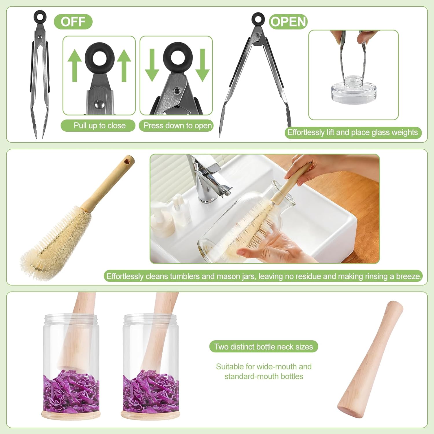 Fermentation Kit for Wide Mouth Mason Jars-4 Stainless Steel Fermentation Lids,4 Glass Fermentation Weights,1 Silicone Tong,1 sauerkraut pound, 1Wooden Handle Brush Cleaner( Jars Not Included ) - Image 3