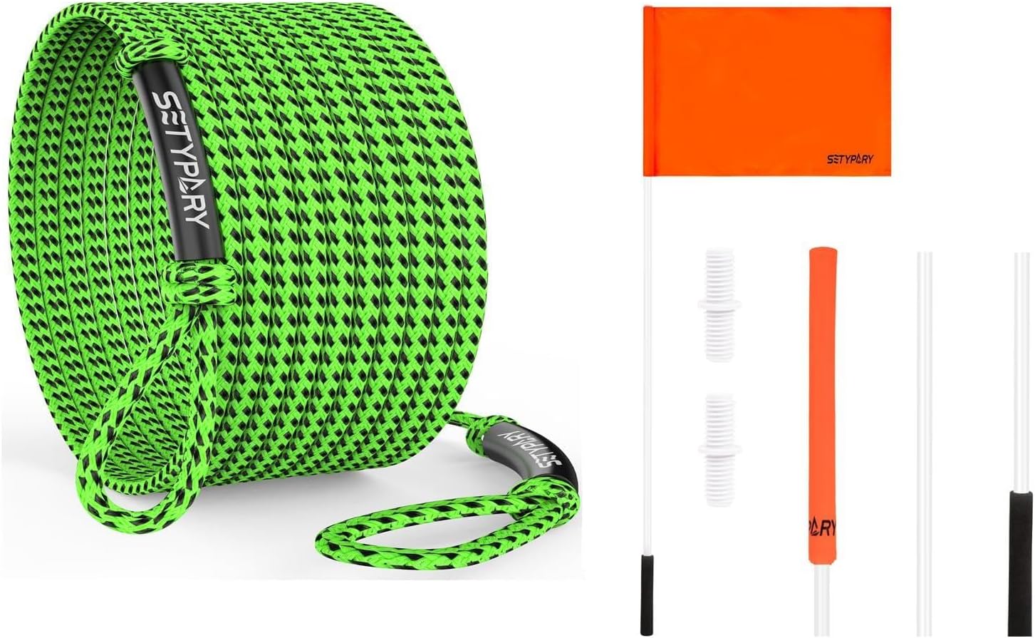 60FT Heavy-Duty Tube Tow Rope (Green&Black) & 48" Safety Flag Combo - 4,200LB Floating Rope for 1-4 Riders & High-Visibility Skier Down Flag for Safe Boating & Watersports
