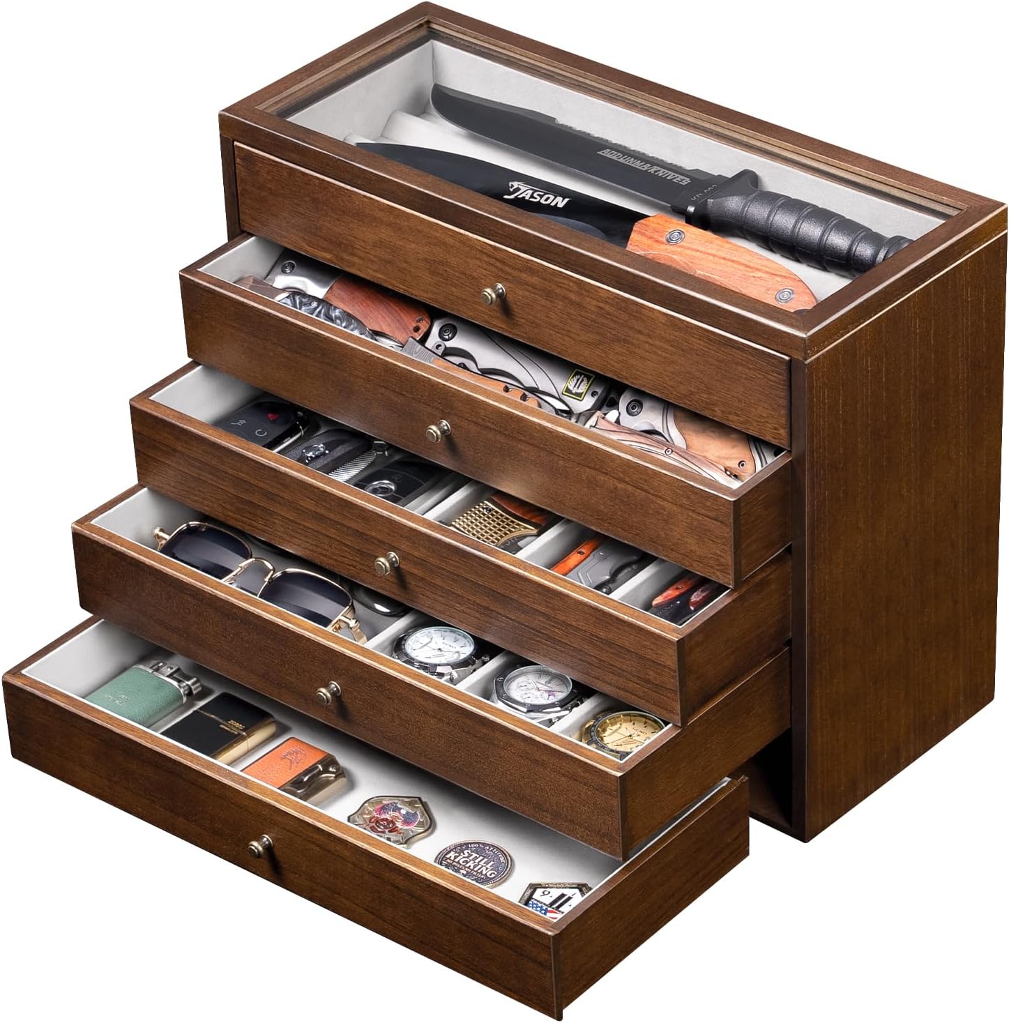 – Knife Display Case, 5 Layer Wooden Folding Knife Collection Case Holder with Glass Lid and Drawers, Large Dagger Storage Box for Collections Gift-Giving (Walnut)
