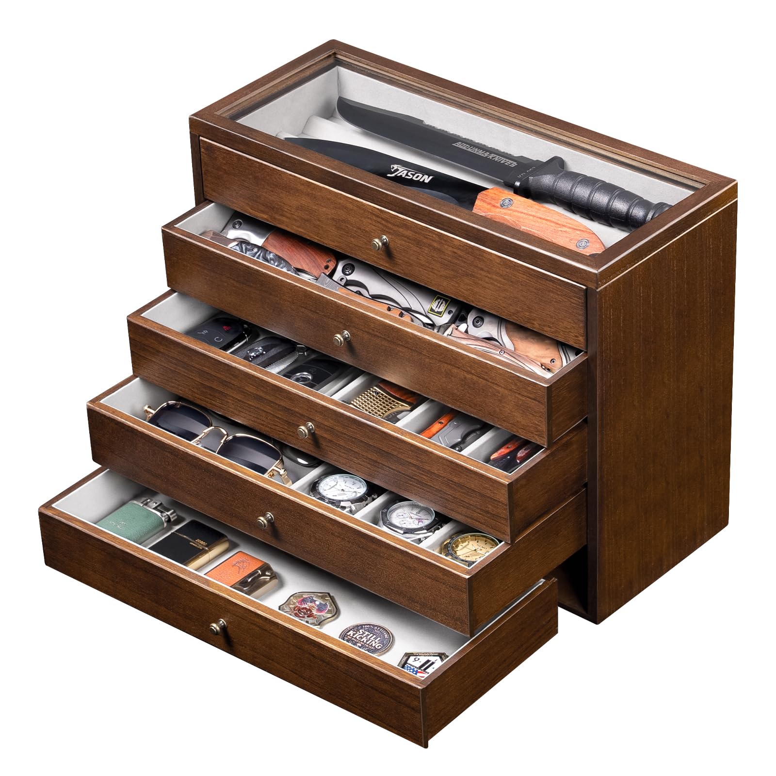 5 Étages Présentoir à Couteaux, Grande Vitrine à Couteaux pour Plusieurs Couteauxs Pliants, Vertical Coffret Poignard avec Tiroir, Support à Couteauxs en Bois pour Collections, Cadeau (Noyer)