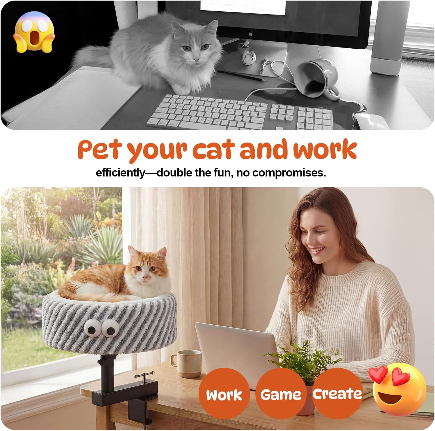 Cat Desk Bed, Height Adjustable 360° Rotating Desk Mounted Cat Bed, 2-in-1 Cat Desk Perch Hammock, Desk Cat Bed Attachment with Washable Cushion for Most Cats (Gray)