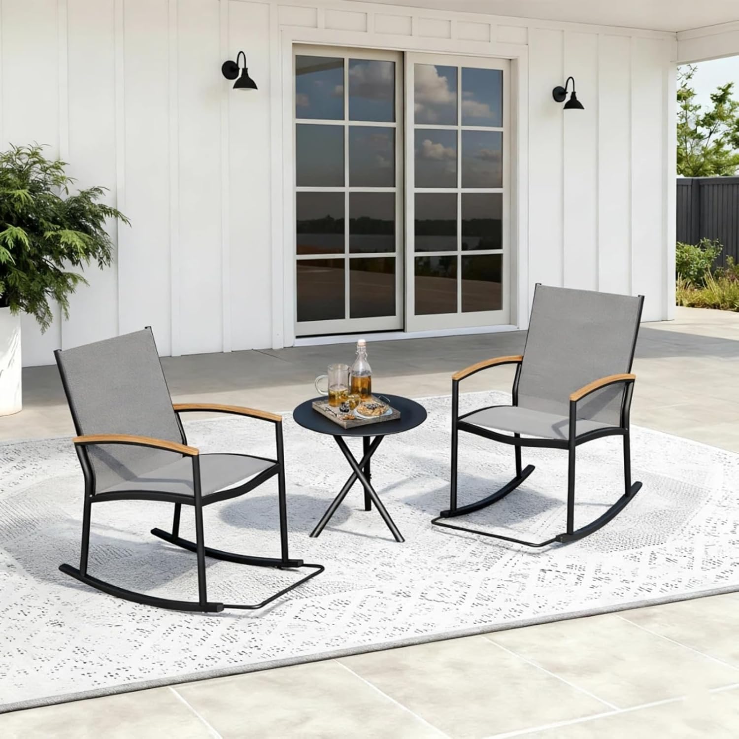 3-Piece Outdoor Rocking Bistro Set with Side Table, Ergonomic Rockers with Rust-Resistant Steel & Breathable Mesh Furniture for Small Balcony, Deck, and Morning Coffee, Black