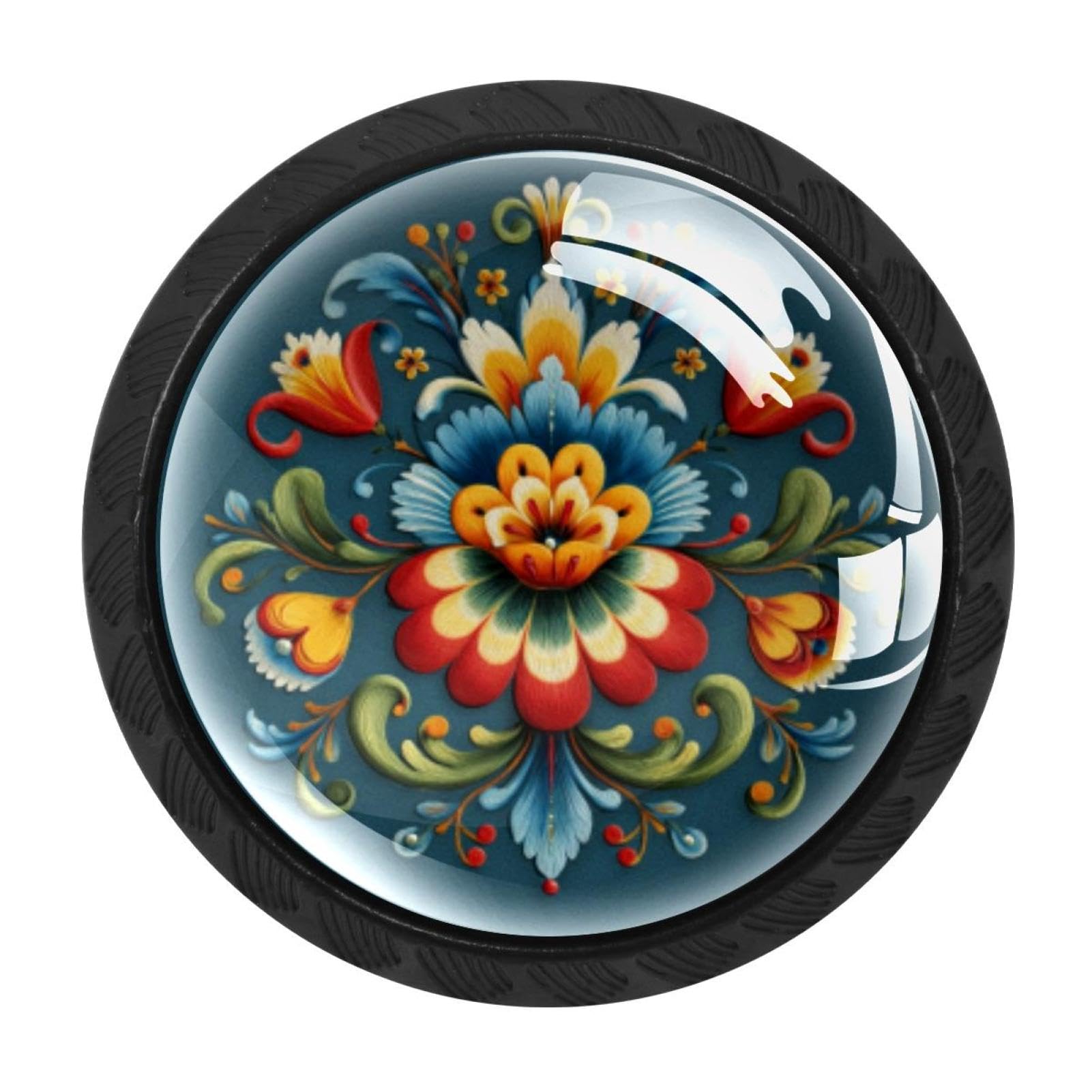 Chenzzzz Multicolored 04 4 Pack Black Norwegian Rosemaling Folk Style Flower (10) Kitchen Handles, Cabinet Pulls Hardware For Cupboard Drawer Knobs Dresser Pulls
