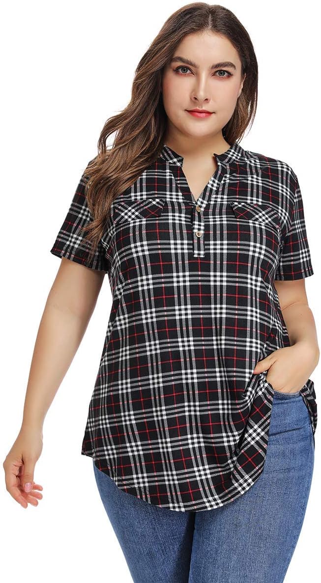 MONNURO Womens Plus Size Tops V Neck Plaid Shirts Summer Short Sleeve Work Casual Blouses - Image 2