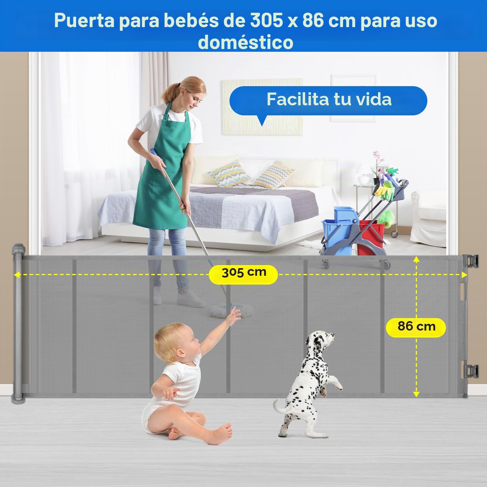 Puerta Seguridad Bebé Extensibles, 0-300 cm Barrera Seguridad Niños y Perros, Vallas de Seguridad para Niños Escaleras y Pasillos, Interiores y Exteriores (Gris)