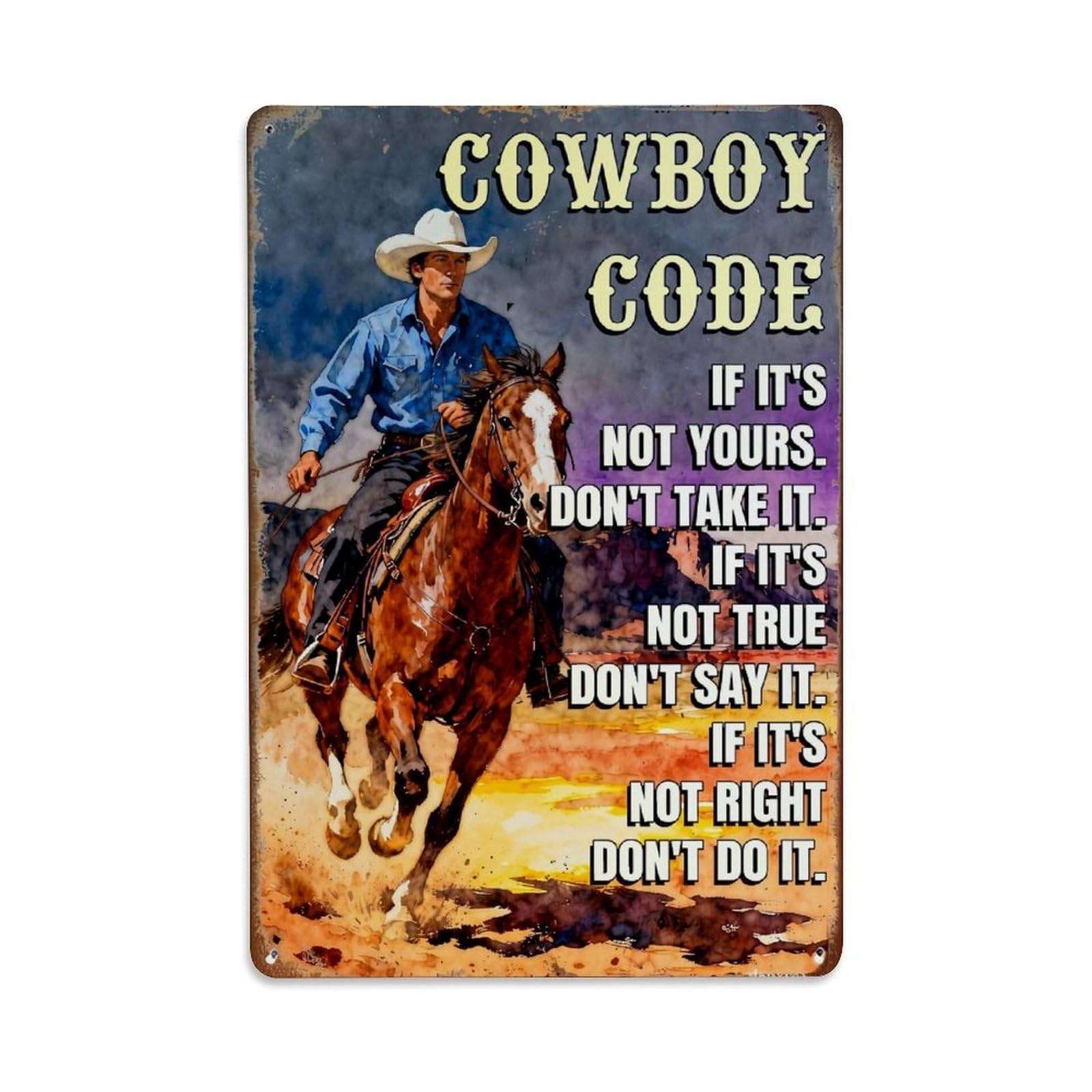 Jdfenggu Vintage Cowboy Riding Horse Western Code Retro Metal Tin Sign, Decor Art Poster For Bar, Home, Man Cave, Kitchen, Laundry Room Gift 8X12inch