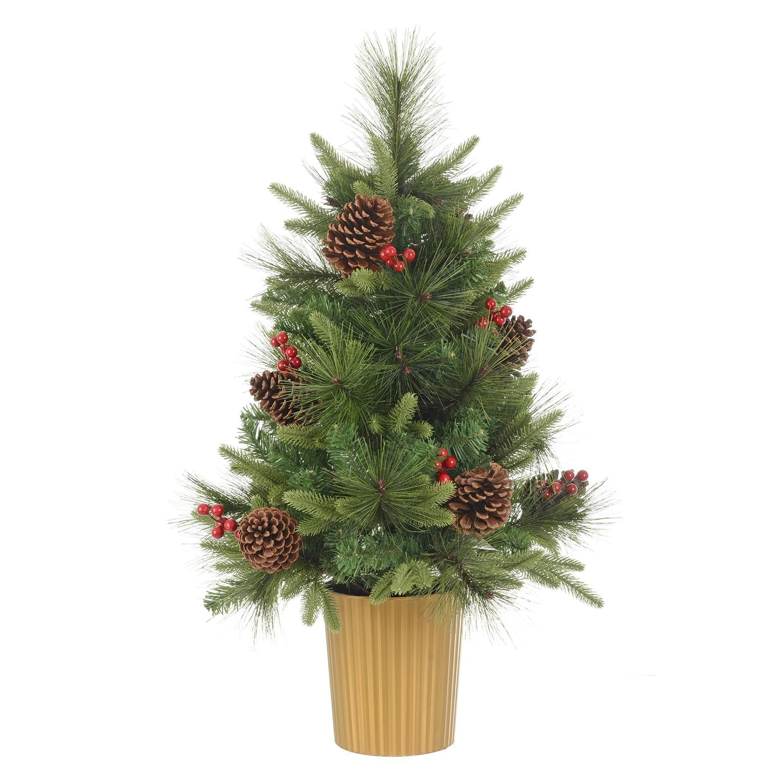 Mr Crimbo Cones 3Ft Artifical Small Christmas Tree Mixed Pine Pre Decorated Cones Red Berries - Cones 90Cm