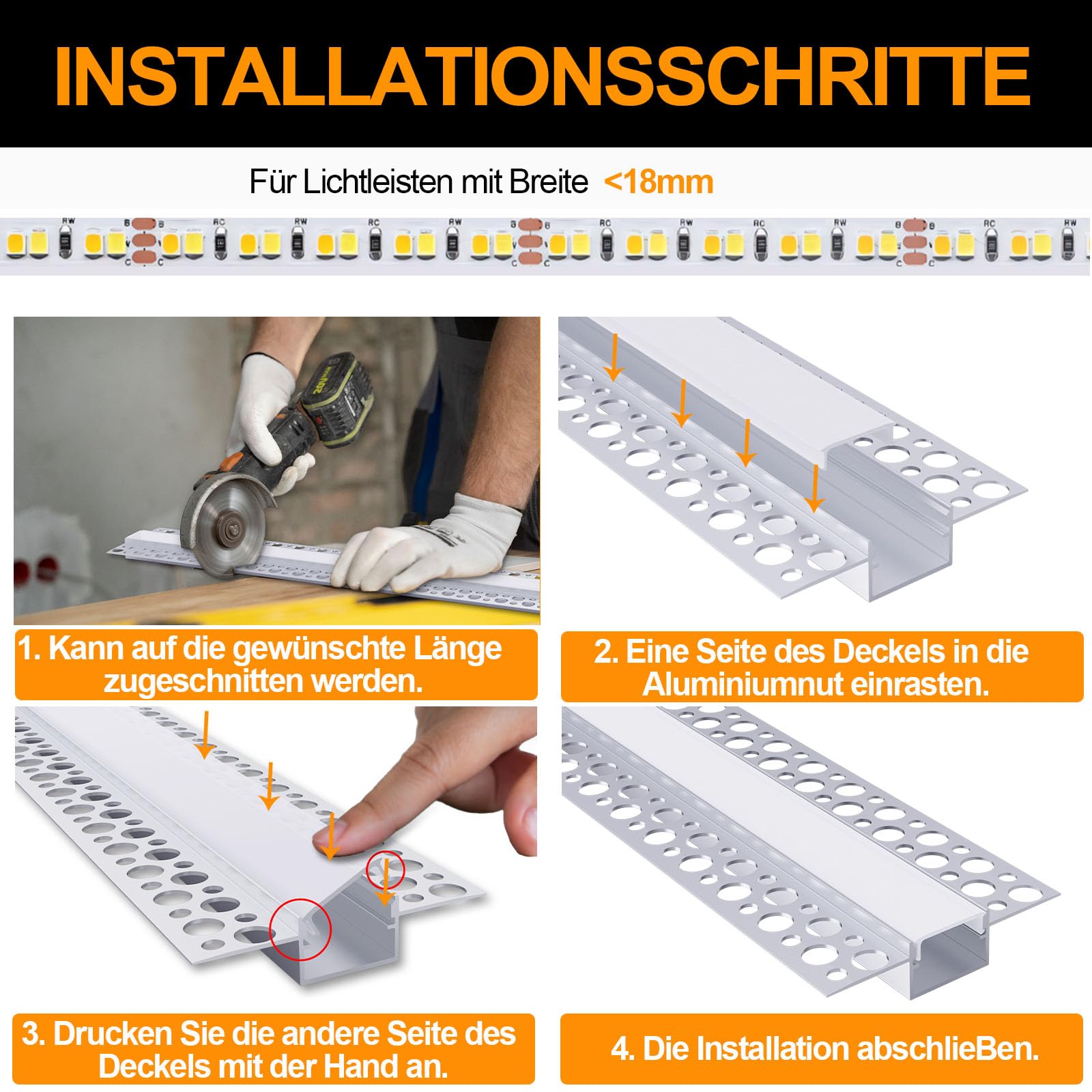Chesbung LED Trockenbauprofil für 18MM Streifen, 6x1M Aluminum Profil Trockenbau AluProfil für Decken und Wände, Kanal Schiene Eckprofil mit Weiß Abdeckung, Diffusor für Breitere Strip wie Philips Hue