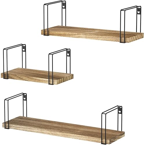 SRIWATANA Floating Shelves Wall Mount, Rustic Wall Shelves Set of 3, Hanging Shelves for Wall Decor, Bedroom, Bathroom, Laundry Room, Living Room, Kitchen - Carbonized Black