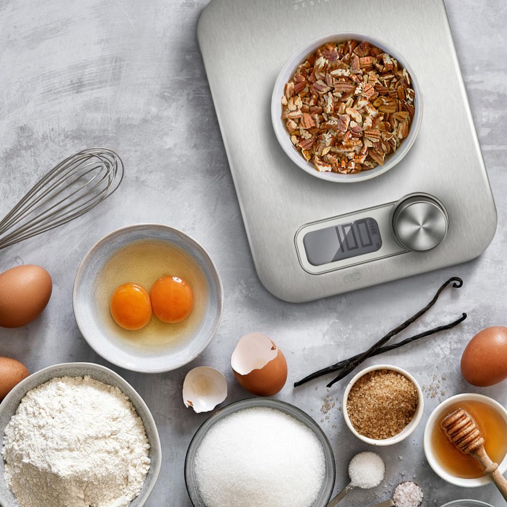 CASO Kitchen Energy Design - Bilancia da cucina digitale, utilizzo senza batteria grazie all'energia cinetica, ecologica e sostenibile, fino a 5 kg in gradini da 1 g, in acciaio inox