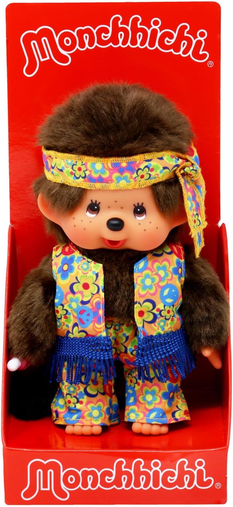 Sekiguchi 252886 Original Monchhichi Boy Flower Power in Orange, Yellow and Blue, Approx. 20 cm Large Cuddly Toy Made of Brown Plush