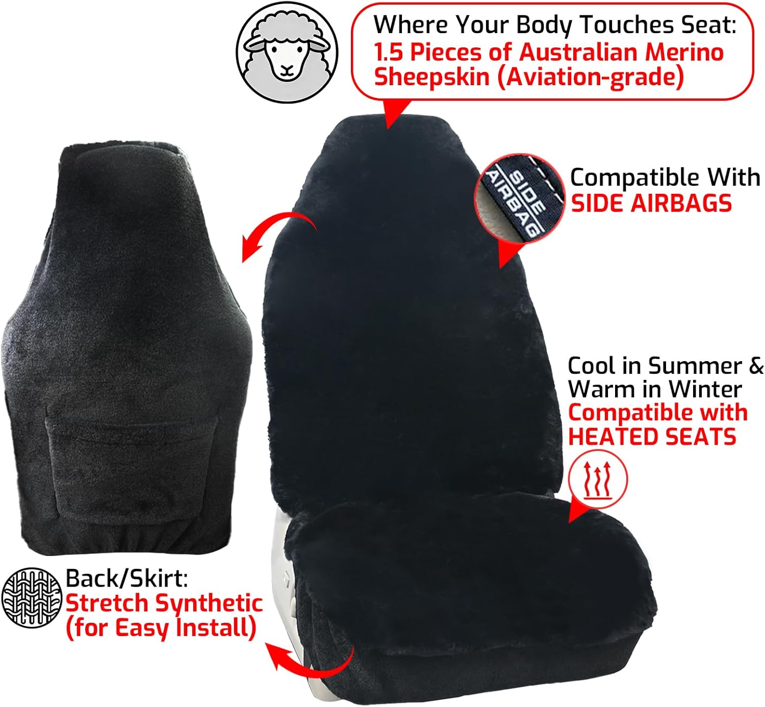 Aegis Cover Sheepskin Seat Cover Genuine Australian Merino Wool Front Seat Cover Luxury Dense Pelt Universal Fit for Most Cars, SUVs, Trucks, Bucket-Style, 54 X 22 Inches (CS-Black)